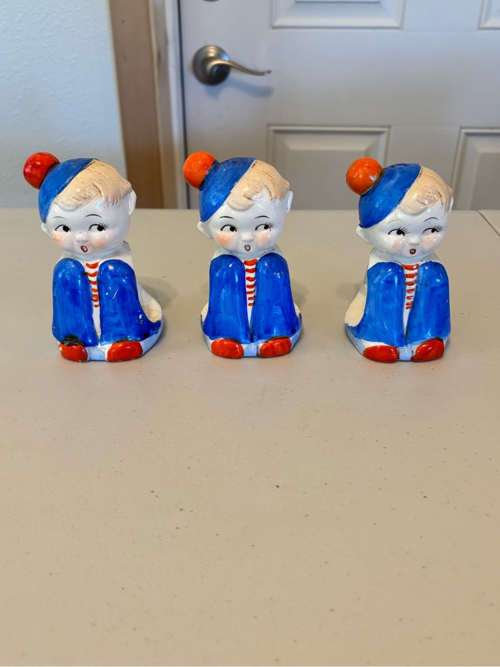 Vintage Mid 20th Century Ceramic Boy Figurine Napkin Holder Set/3